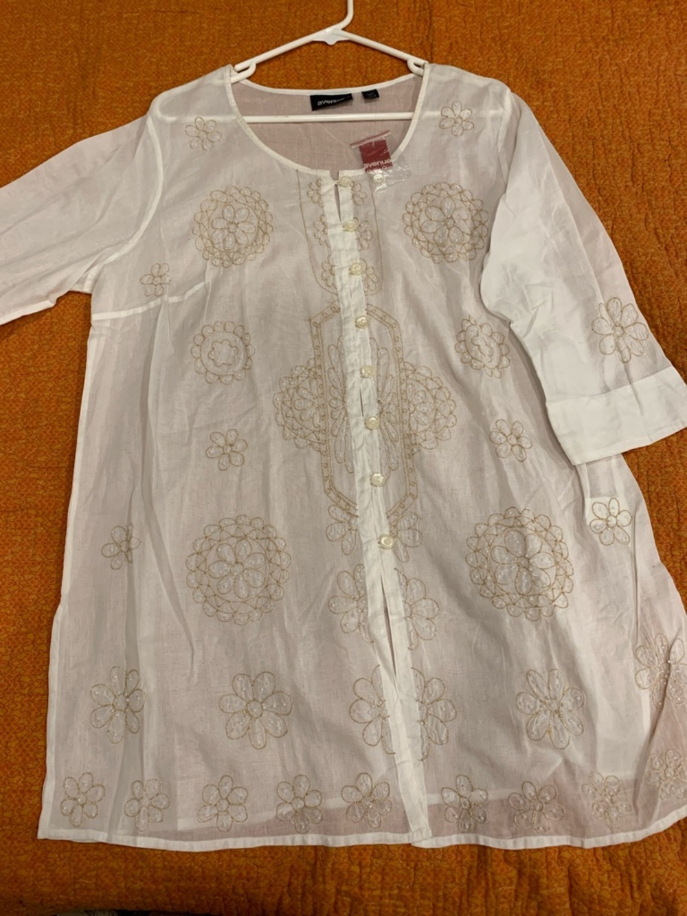 Avenue Cream color Tunic Top beach coverup with embroidery and beads